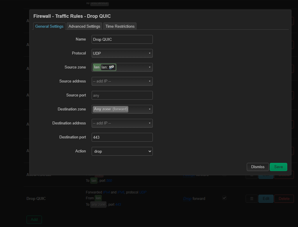 Отключить QUIC на OpenWrt